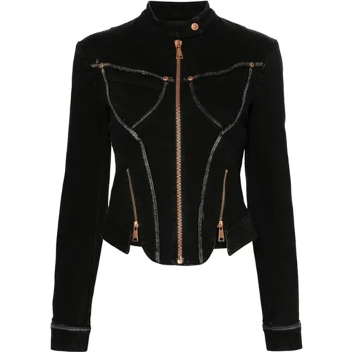 Schwarze Denimjacke mit Reißverschlussdetail , Damen, Größe: XS - Versace Jeans Couture - Modalova