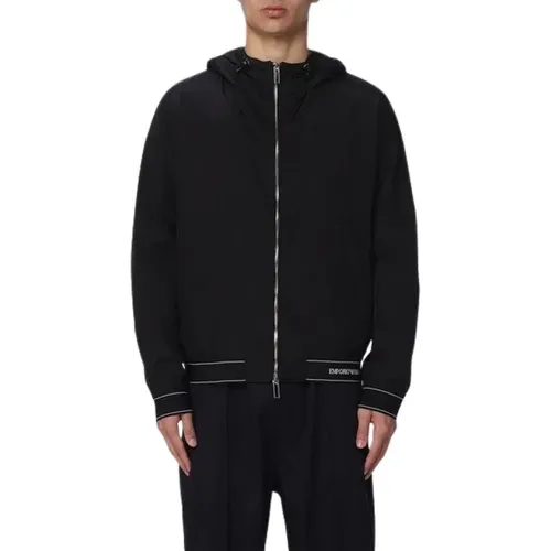 Ultraleichte Schwarze Kapuzenjacke mit Elastischen Einsätzen und Logo-Schriftzug , Herren, Größe: L - Emporio Armani - Modalova