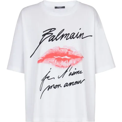 Short-sleeved T-shirt with Kiss print , female, Sizes: M, S, XS - Balmain - Modalova