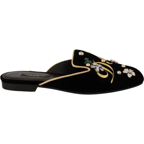 Luxury Velvet Sliders with Embroidery and Crystals , female, Sizes: 2 UK - Dolce & Gabbana - Modalova