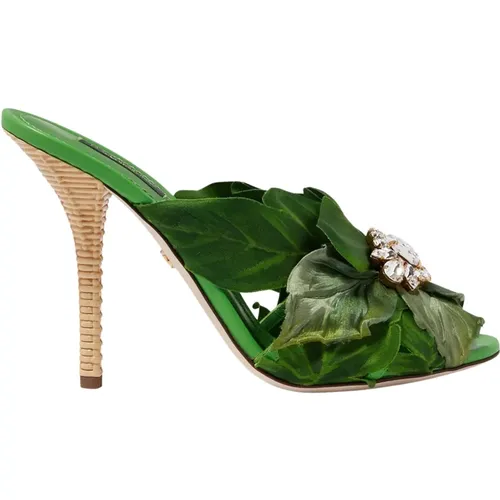 Jungle Leaf Satin Mules mit Kristallen - Dolce & Gabbana - Modalova