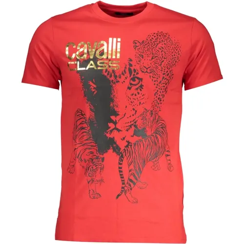 Rotes T-Shirt mit kurzem Ärmel und Logo-Druck , Herren, Größe: L - Cavalli Class - Modalova