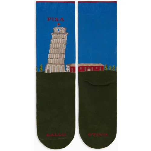 Kurze Baumwollsocken für Damen, grün mit Muster des Schiefen Turms von Pisa - Gallo - Modalova