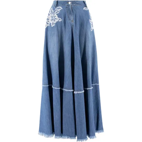 Denim Fringed Lace Embroidered Skirt , female, Sizes: M - Ermanno Scervino - Modalova