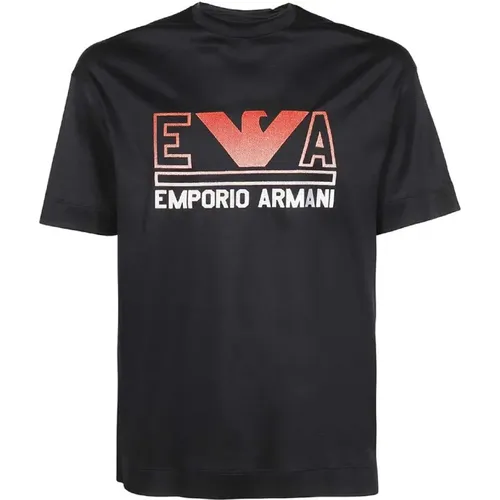 Navyblaues Kurzarm-Jersey-T-Shirt mit Maxi-Logo-Beschriftung und rot-orangem Adler-Logo - Emporio Armani - Modalova