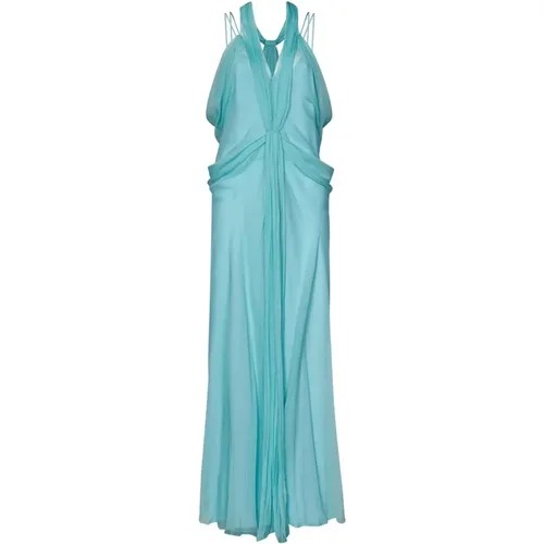 Blaues Seidenchiffon-Kleid mit V-Ausschnitt - alberta ferretti - Modalova