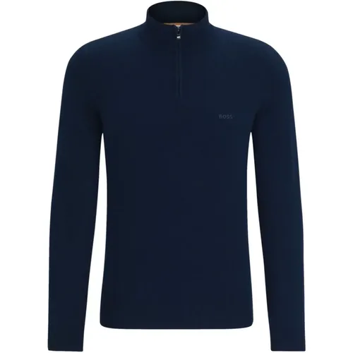 Blauer Wollpullover mit Reißverschlusskragen und Besticktem Logo , Herren, Größe: 3XL - Hugo Boss - Modalova