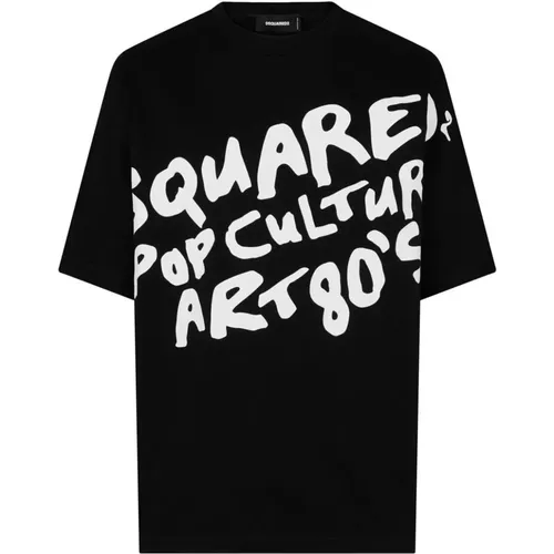 Schwarzes Baumwoll-T-Shirt mit bedruckter Schrift , Herren, Größe: XL - Dsquared2 - Modalova