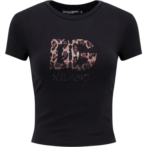 Cotton T-Shirt with Animalier Monogram , female, Sizes: 2XS, XS - Dolce & Gabbana - Modalova