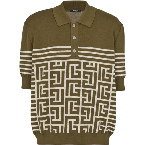 Poloshirt aus Wolle mit Monogramm und Streifen , Herren, Größe: S - Balmain - Modalova