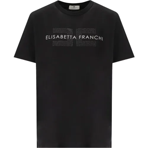 Schwarzes Logo T-Shirt mit Strass - Elisabetta Franchi - Modalova