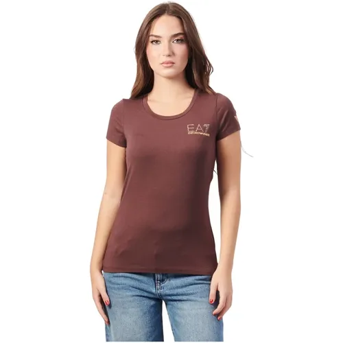 Braunes Baumwoll-T-Shirt mit Rundhalsausschnitt , Damen, Größe: M - Emporio Armani - Modalova