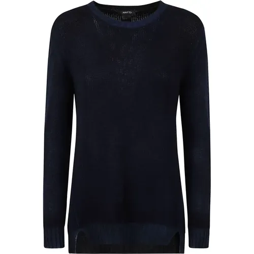 Blaue Crew-Neck Sweater mit Seitenschlitzen - Avant Toi - Modalova