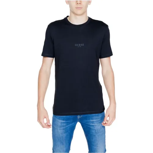 Schwarzes Baumwoll Rundhals T-Shirt , Herren, Größe: M - Guess - Modalova