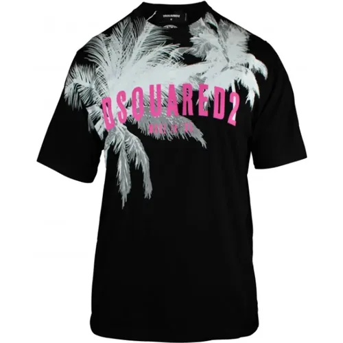 Schwarzes T-Shirt mit Palmendruck und Logo - Dsquared2 - Modalova