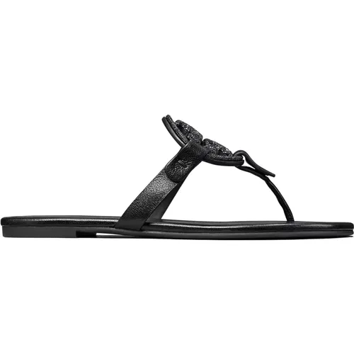 Schwarze Miller Flache Sandalen Kristall-Logo , Damen, Größe: 40 1/2 EU - TORY BURCH - Modalova