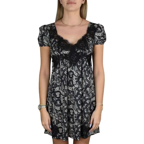 Beiges Gemustertes Kleid mit Schwarzer Spitze , Damen, Größe: XS - Dolce & Gabbana - Modalova