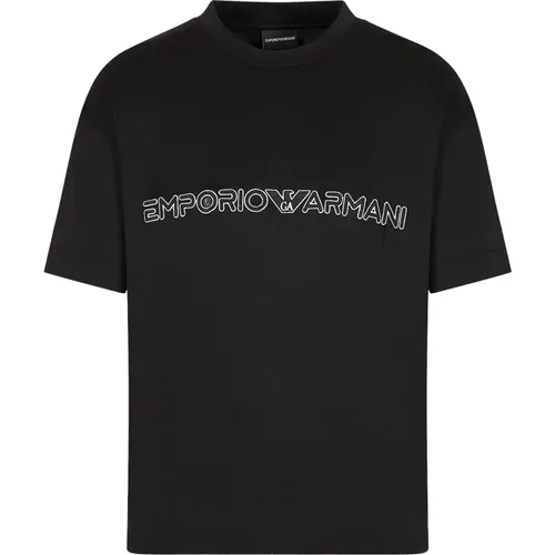 Schwarzes Tencel Herren T-Shirt mit Logo-Patch , Herren, Größe: XL - Emporio Armani - Modalova
