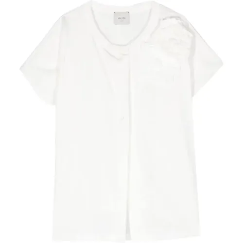 Blumenapplikation Weißes T-Shirt , Damen, Größe: M - Alysi - Modalova