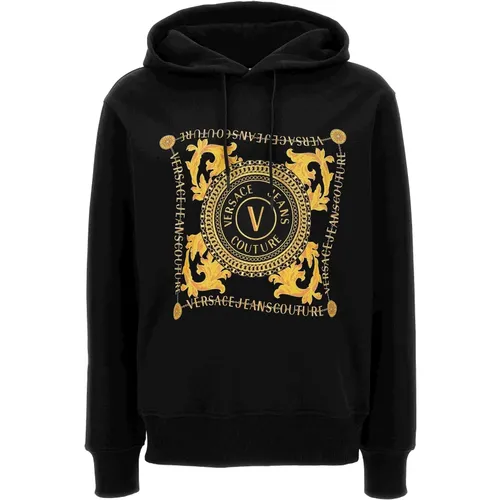 Logo-Print Baumwoll Hoodie Schwarz Pullover , Herren, Größe: XS - Versace Jeans Couture - Modalova