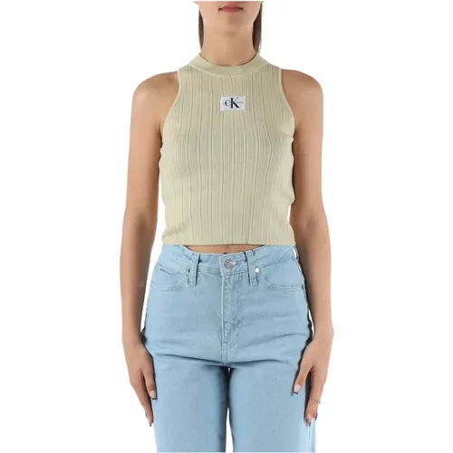 Ribbed sleeveless top with logo patch , female, Sizes: S, XS, M - Calvin Klein Jeans - Modalova