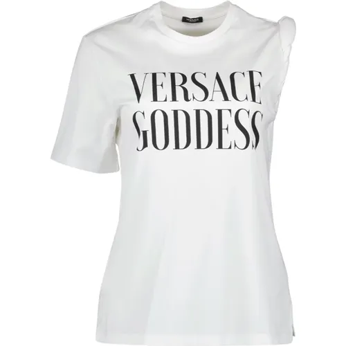 Asymmetrisches T-Shirt mit bedrucktem Logo , Damen, Größe: 2XS - Versace - Modalova