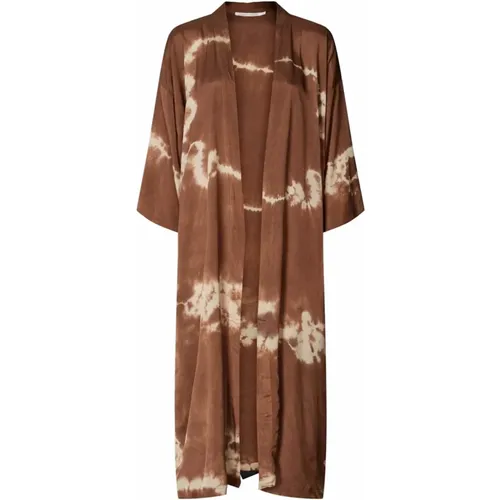 Leela Kimono Tie-Dye Print Cacao , female, Sizes: M/L, XS/S - Rabens Saloner - Modalova