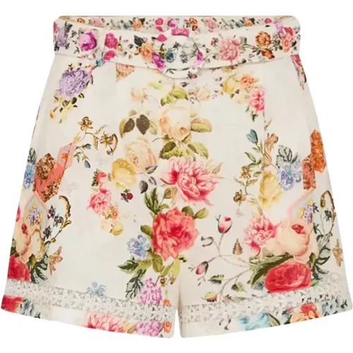 Blumige High-Waist-Shorts mit Spitzenbesatz - Camilla - Modalova