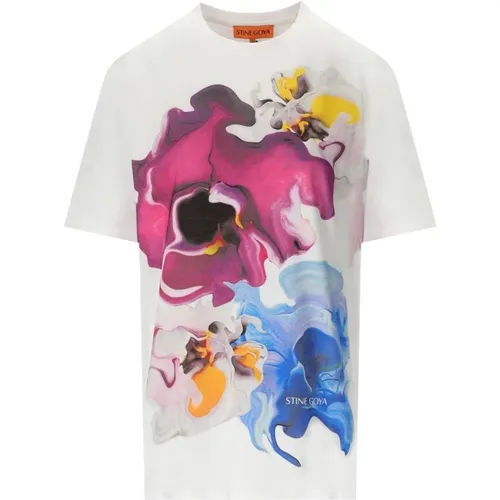 Blumenmuster Boxy Cut Weißes T-Shirt , Damen, Größe: XS - Stine Goya - Modalova