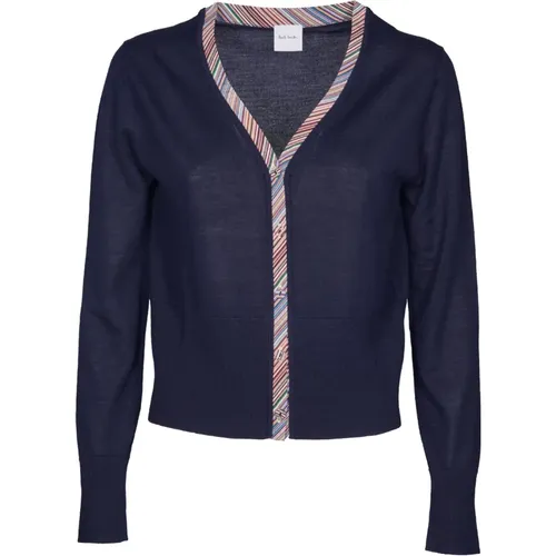 Blauer Gestreifter Seidenbesatz Cardigan , Damen, Größe: L - PS By Paul Smith - Modalova