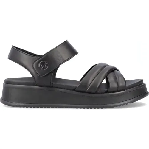 Schwarze flache Ledersandalen , Damen, Größe: 38 EU - Rieker - Modalova