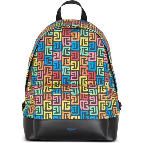 Rucksack aus Canvas mit buntem PB Labyrinth Monogramm-Print - Balmain - Modalova