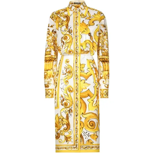 Majolica Print Cotton Shirtdress , female, Sizes: M, XS, S, 2XS - Dolce & Gabbana - Modalova