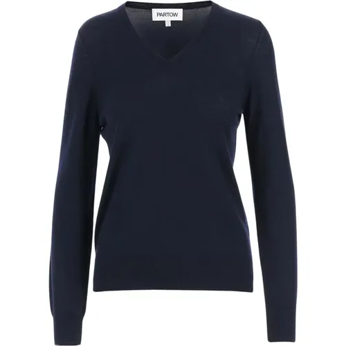 Navy V-Ausschnitt Wollpullover - PARTOW - Modalova