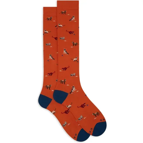 Lange orange Baumwollsocken für Herren mit Motiv von Katze, Maus und Wollknäuel - Gallo - Modalova