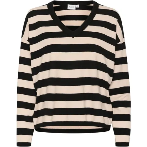 Striped V-Neck Pullover Sweater Black , female, Sizes: S, L, 2XL, XS - Saint Tropez - Modalova