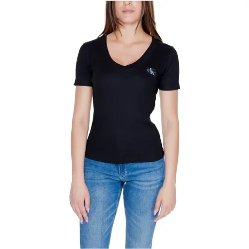 Schwarzes V-Ausschnitt T-Shirt Einfaches Muster , Damen, Größe: L - Calvin Klein Jeans - Modalova