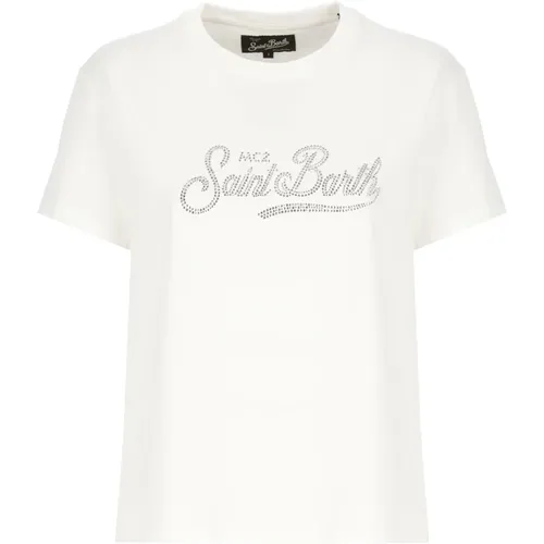 Weiße Baumwoll-T-Shirt mit Strass-Logo , Damen, Größe: S - Saint Barth - Modalova