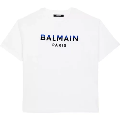 Kinder Weiße T-Shirts und Polos,Bedrucktes Paris T-Shirt mit kurzen Ärmeln - Balmain - Modalova