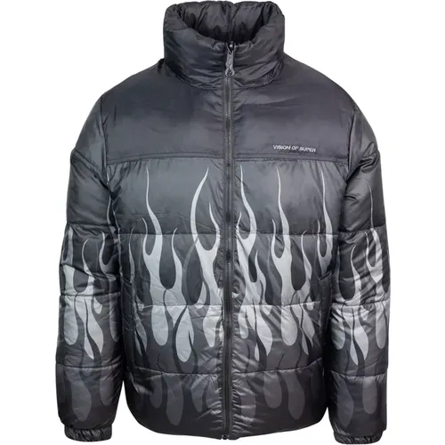 Grey Puffer Jacket with Triple Flame Print , male, Sizes: L - Vision OF Super - Modalova