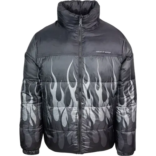 Grey Puffer Jacket with Triple Flame Print , male, Sizes: L, M - Vision OF Super - Modalova