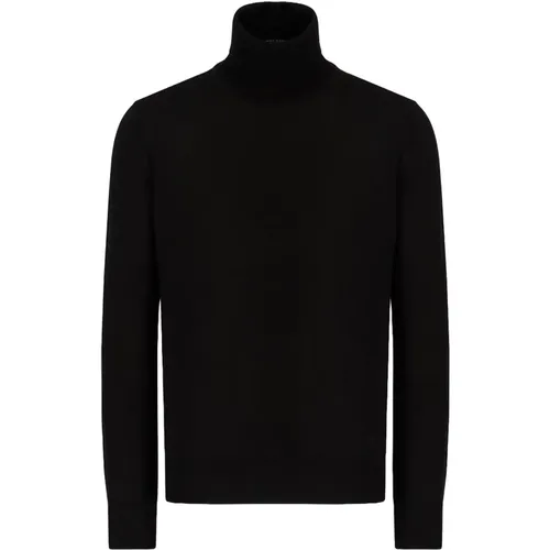 Schwarzer Strick-Logo-Pullover Hoher Kragen Lange Ärmel , Herren, Größe: S - Emporio Armani - Modalova