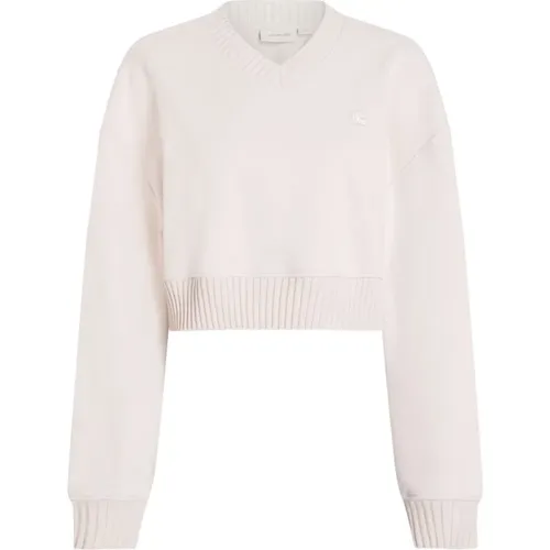 Rosa Crop Sweater mit V-Ausschnitt , Damen, Größe: S - Calvin Klein Jeans - Modalova