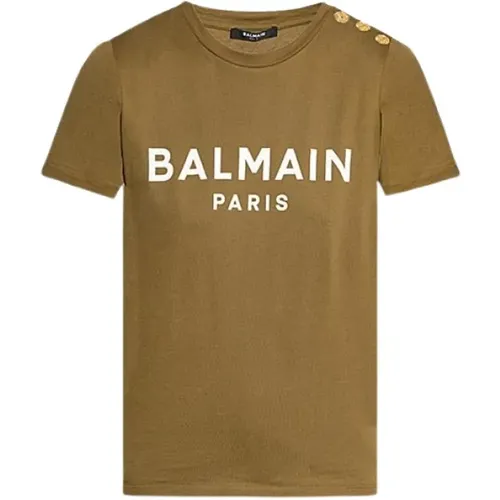 Bedrucktes Logo Baumwoll T-Shirt , Damen, Größe: M - Balmain - Modalova