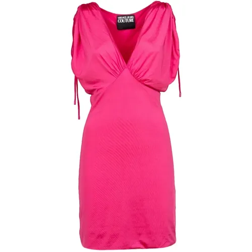 Coole Kurzes Kleid V-Ausschnitt Fuchsia , Damen, Größe: XS - Versace Jeans Couture - Modalova