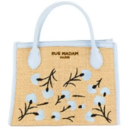 Natural Rafia Bag with Blue Embroidered Flowers , female, Sizes: ONE SIZE - Rue Madam - Modalova