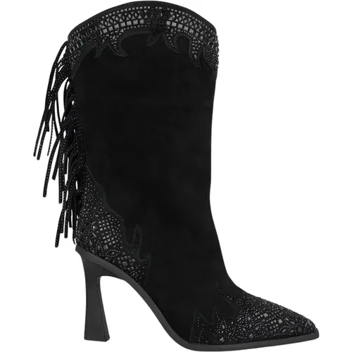 Fringed Heeled Boots with Rhinestone Details , female, Sizes: 8 UK, 5 UK, 4 UK, 6 UK, 2 UK, 7 UK, 3 UK - Alma en Pena - Modalova