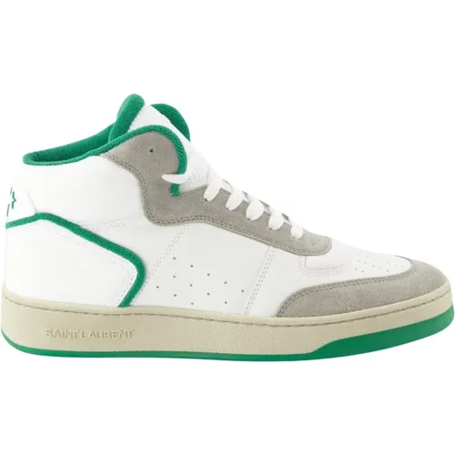 White Leather Sneakers with Green Fabric , male, Sizes: 8 UK, 11 UK, 7 UK, 10 UK, 8 1/2 UK, 9 UK, 6 UK - Saint Laurent - Modalova