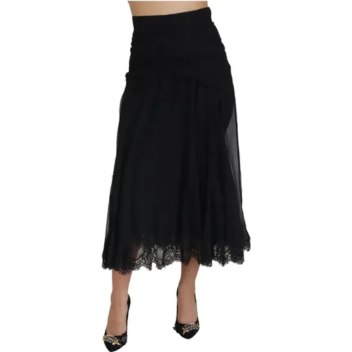 Schwarzer Seidenrock mit Spitzenbesatz und hoher Taille - Dolce & Gabbana - Modalova