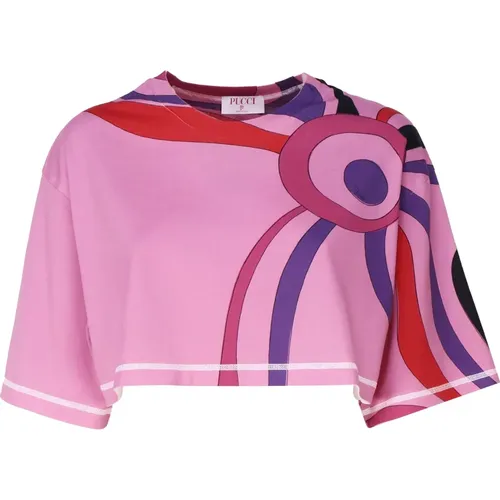 Marble Print Cropped T-shirt Pink , female, Sizes: M - EMILIO PUCCI - Modalova